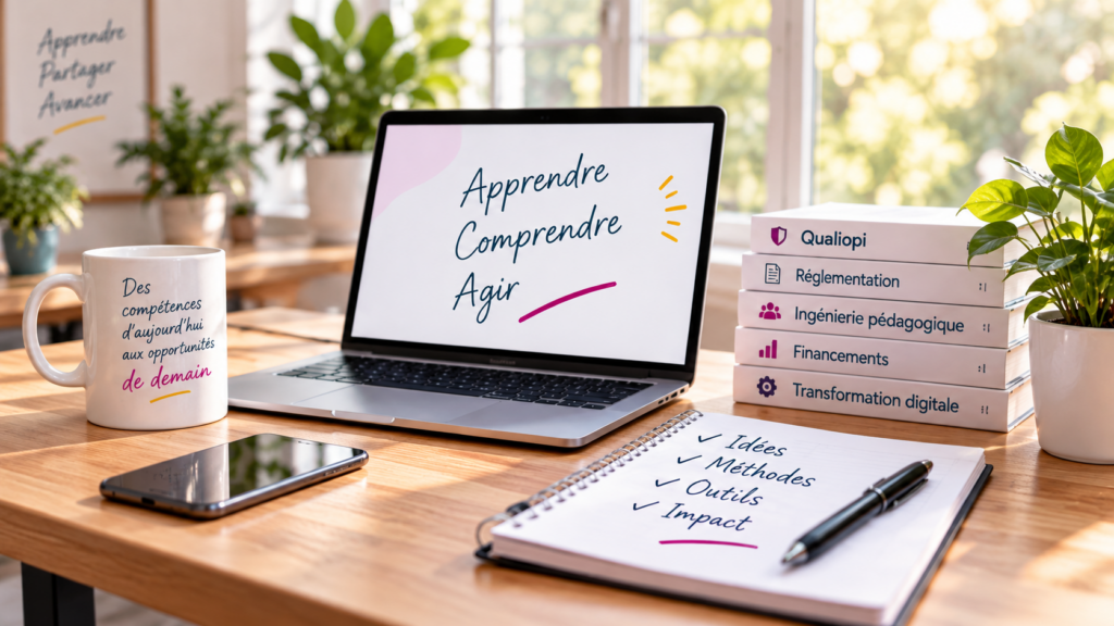 Bureau avec ordinateur, documents et notes autour de la formation professionnelle, de l’ingénierie pédagogique, de Qualiopi, de la réglementation et des financements.